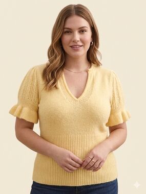 TORRID Vegan Cashmere Pullover V-Neck Ruffle Elbow Sleeve Pullover Sweater, 0X